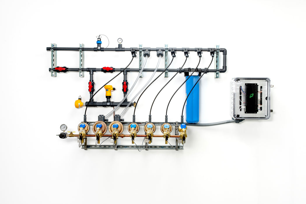 Mechanical system with pipes and valves on a white background